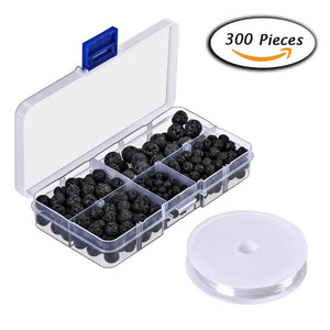 FLASOO 300pcs Black Lava Stone Round Loose Beads with Free Crystal String for Jewelry Making