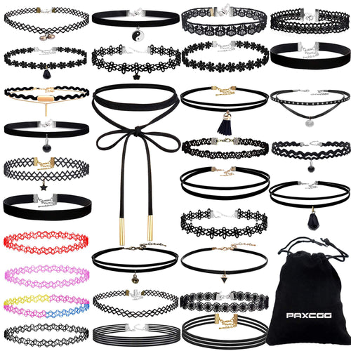 FLASOO 36 PCS Choker Necklaces Set Including 30 Pcs Black Choker Necklaces and 6 Pcs Extender Chains for Women Girls