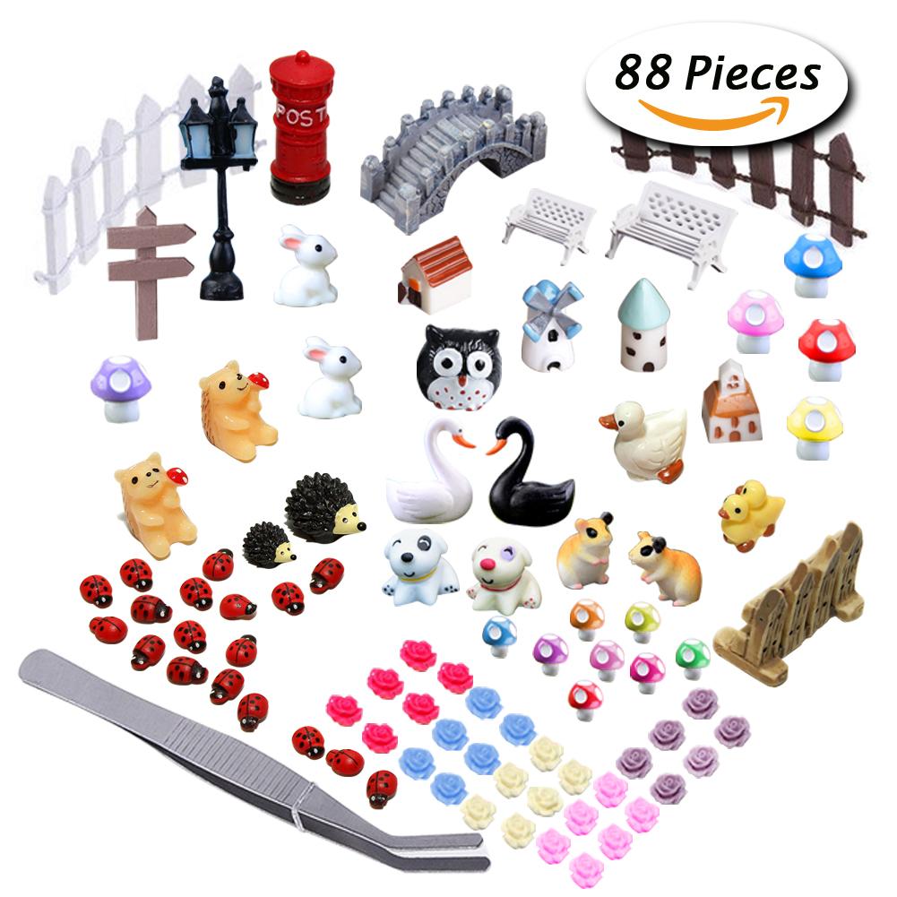 FLASOO 87 Pcs Miniature Ornaments Kit Set with 1 Pcs Tweezer for DIY Fairy Garden Dollhouse Decor