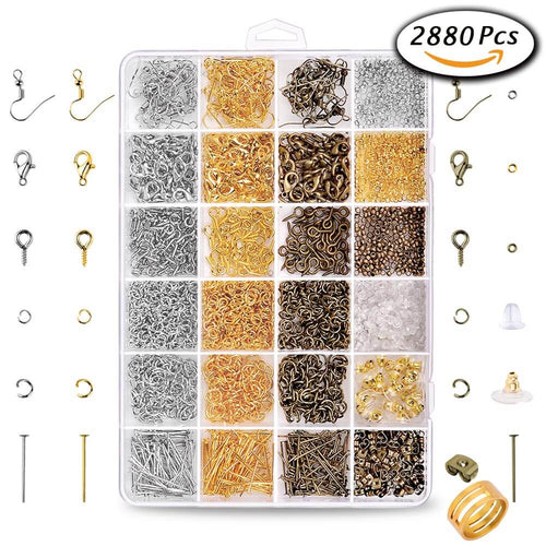 FLASOO 2880 Pcs Jewelry Making Findings Supplies Kit with Open Jump Rings, Lobster Clasps, Crimp Beads, Screw Eye Pins, Head Pins, Earing Hooks and Earing Backs