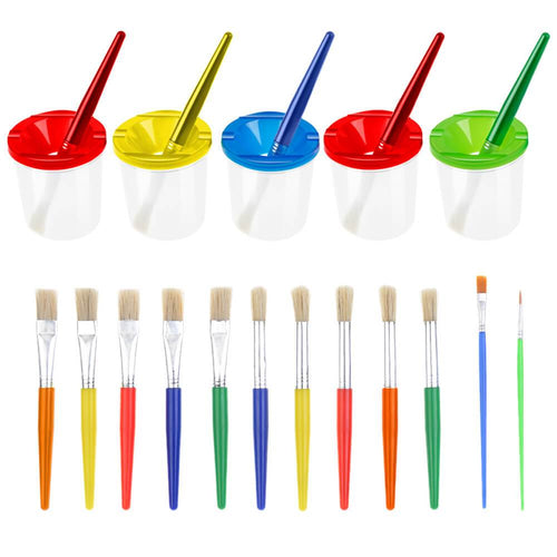 FLASOO 5 Pcs No Spill Paint Cups with Color Lids and 12 Pcs Painting Brushes