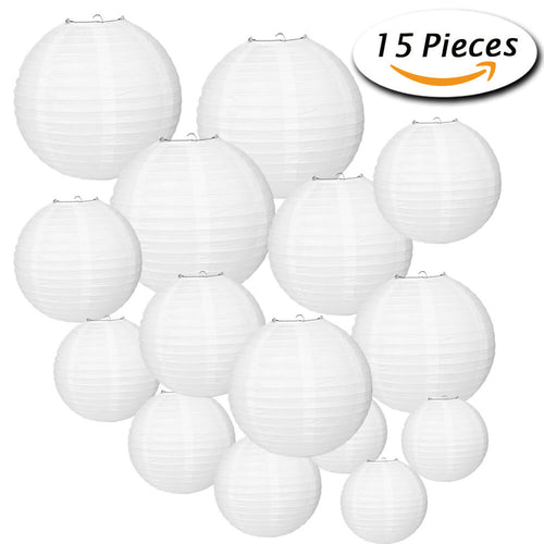 FLASOO 15 Packs White Round Paper Lanterns with Assorted Sizes for Wedding Party Decorations