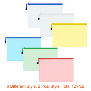 FLASOO 12 Pcs 5 Colors A4 Plastic Zip File Paper Document Folder Bags Storage Pouch