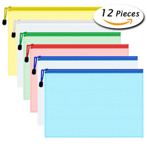 FLASOO 12 Pcs 5 Colors A4 Plastic Zip File Paper Document Folder Bags Storage Pouch